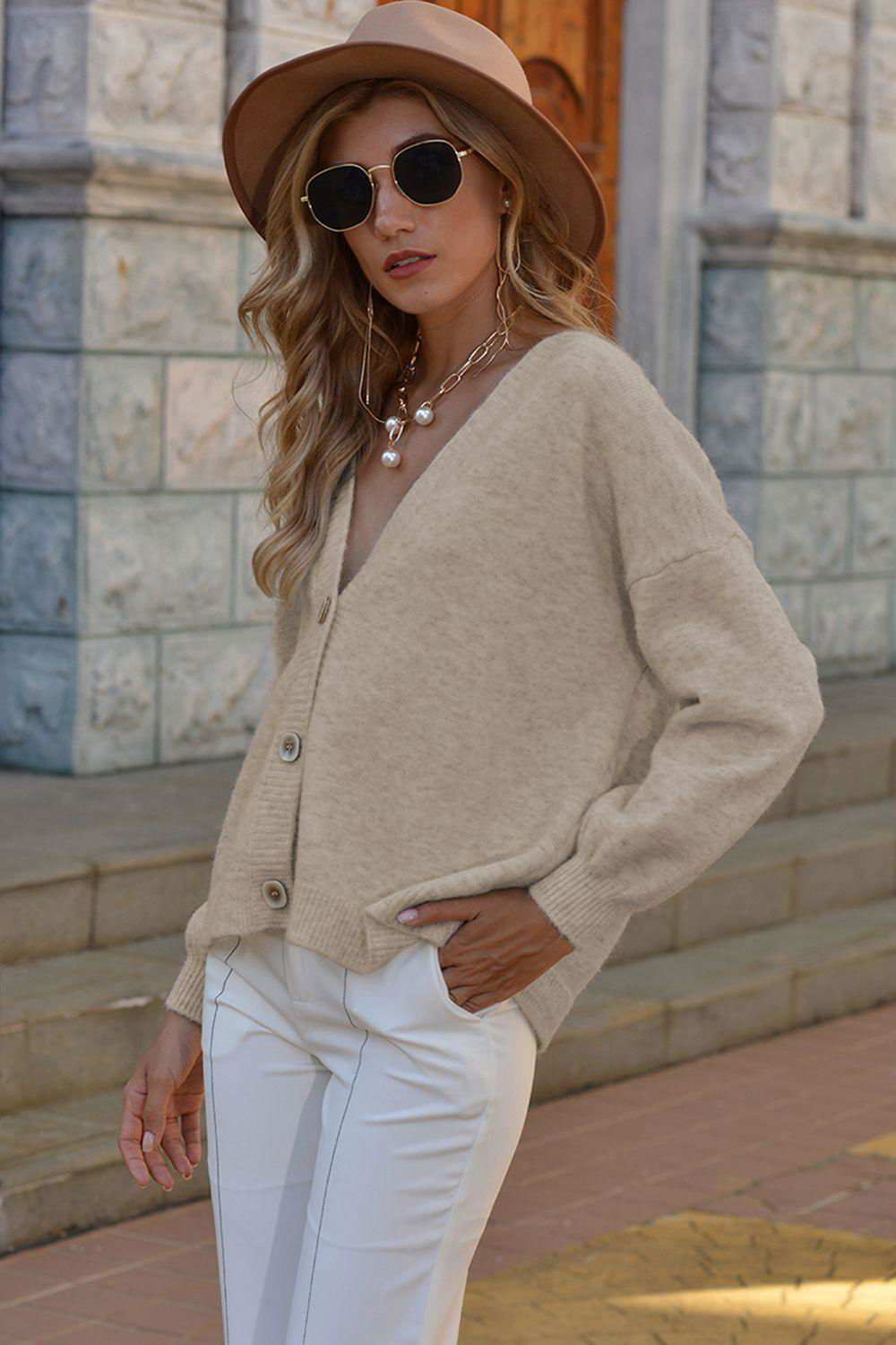 V-Neck Button-Down Dropped Shoulder Cardigan 