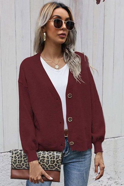 V-Neck Button-Down Dropped Shoulder Cardigan 