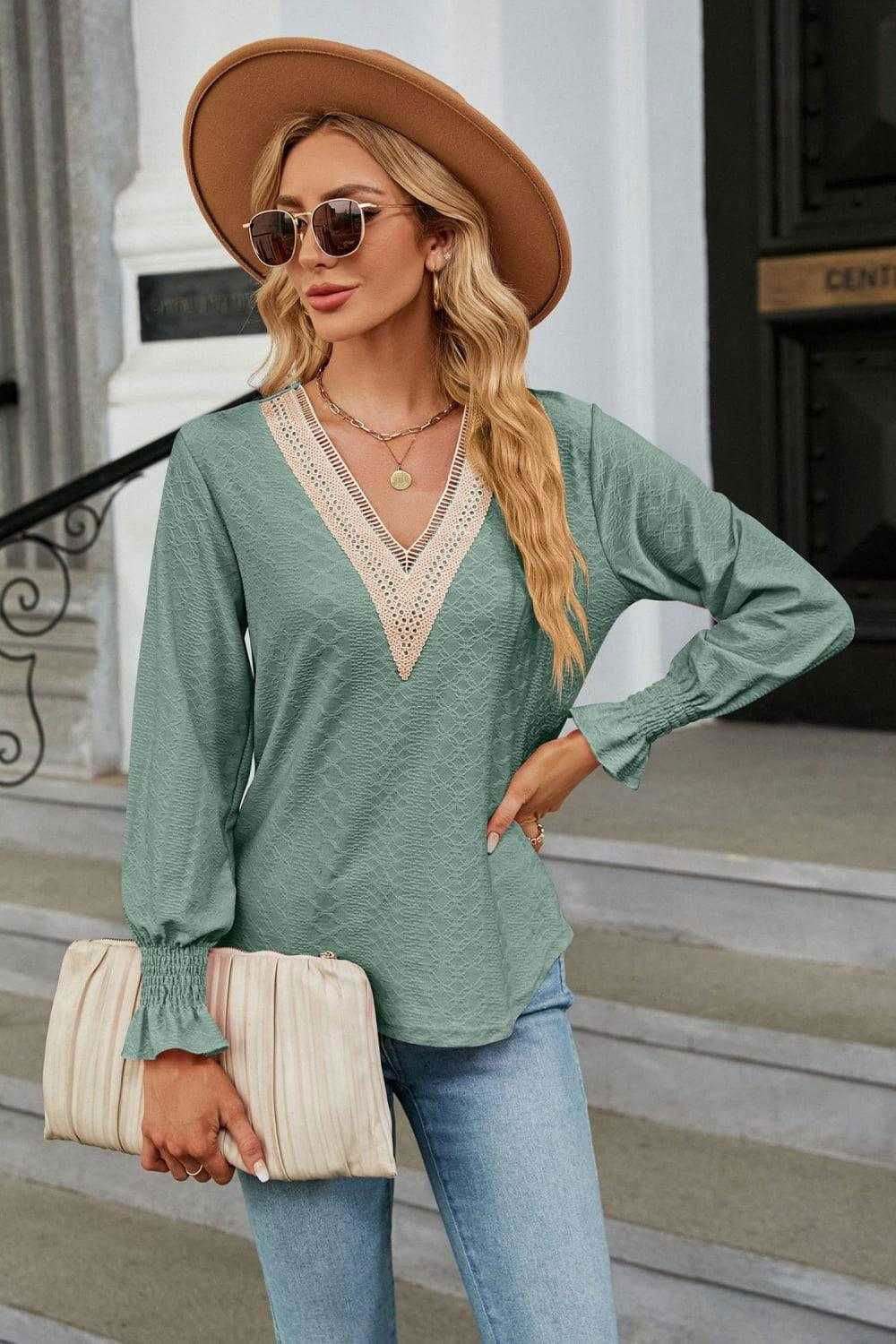 V-Neck Flounce Sleeve Blouse - Chic and Stylish Design 