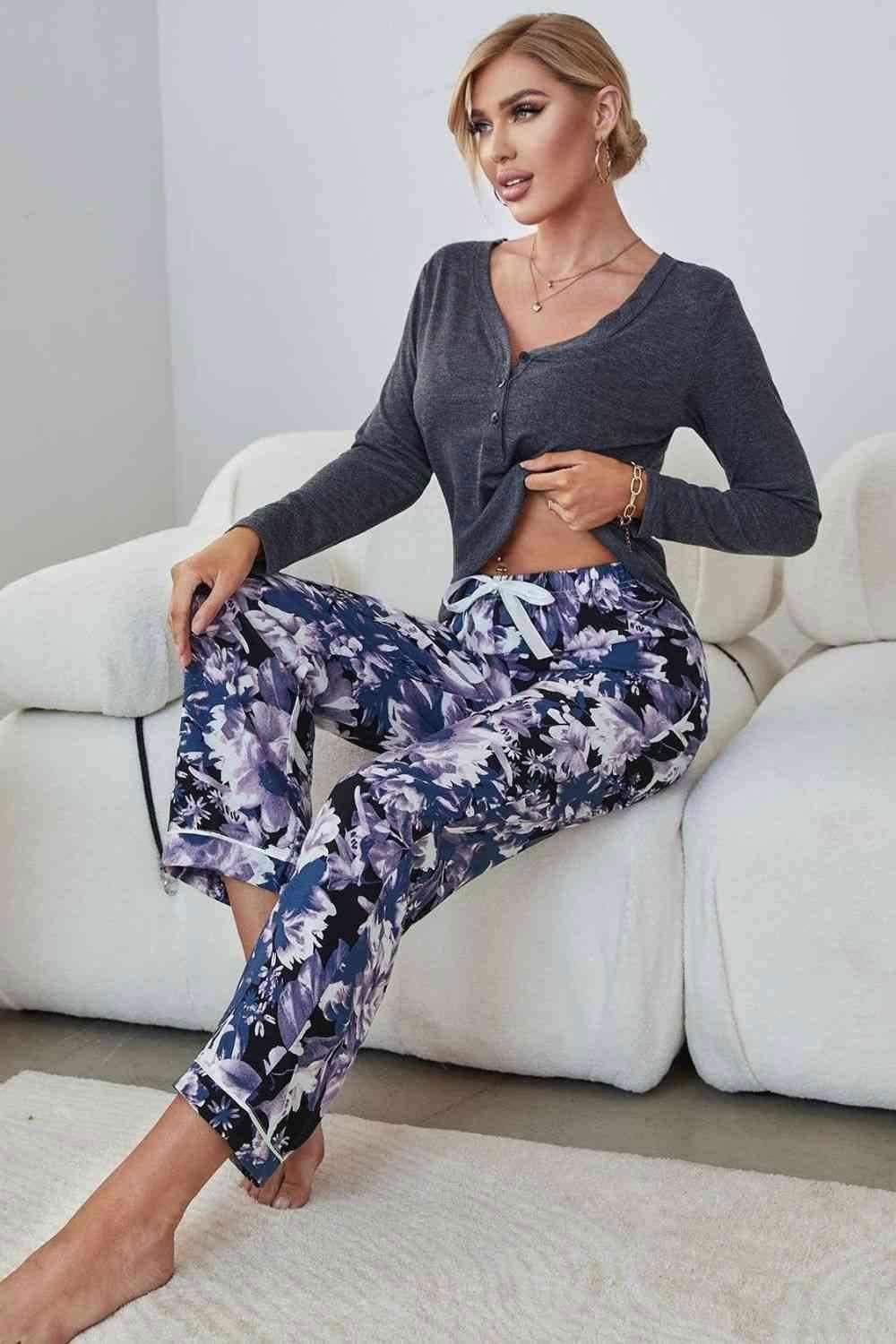 V-Neck Henley Top and Floral Pants Lounge Set 