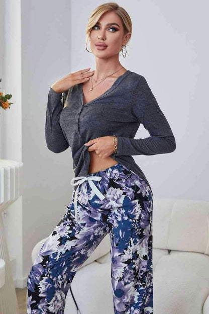 V-Neck Henley Top and Floral Pants Lounge Set 