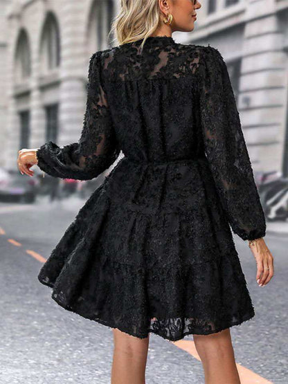 V-Neck Long Sleeve Buttoned Dress 