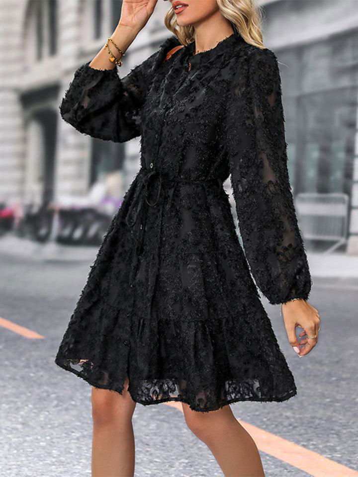 V-Neck Long Sleeve Buttoned Dress 