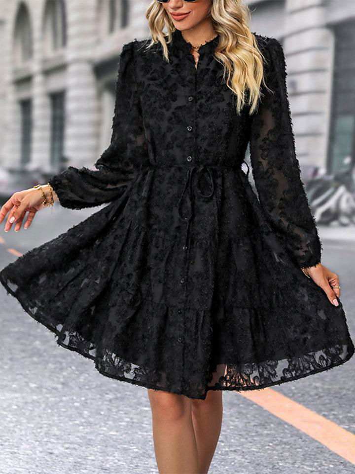 V-Neck Long Sleeve Buttoned Dress 