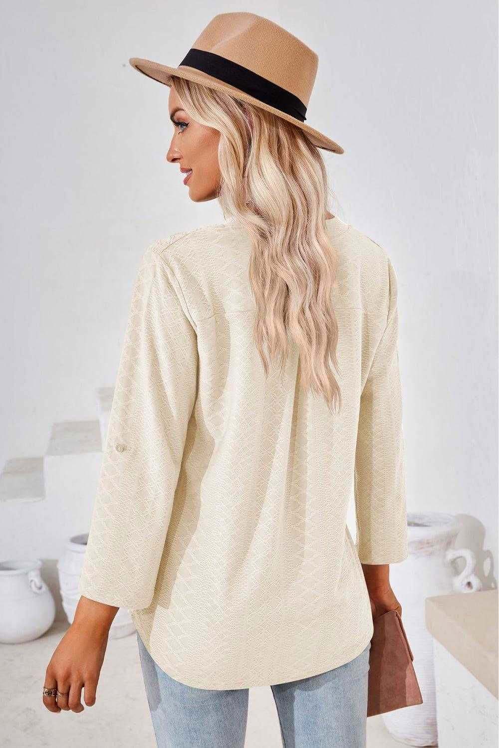 V-Neck Roll-Tap Sleeve Blouse for Casual Style 