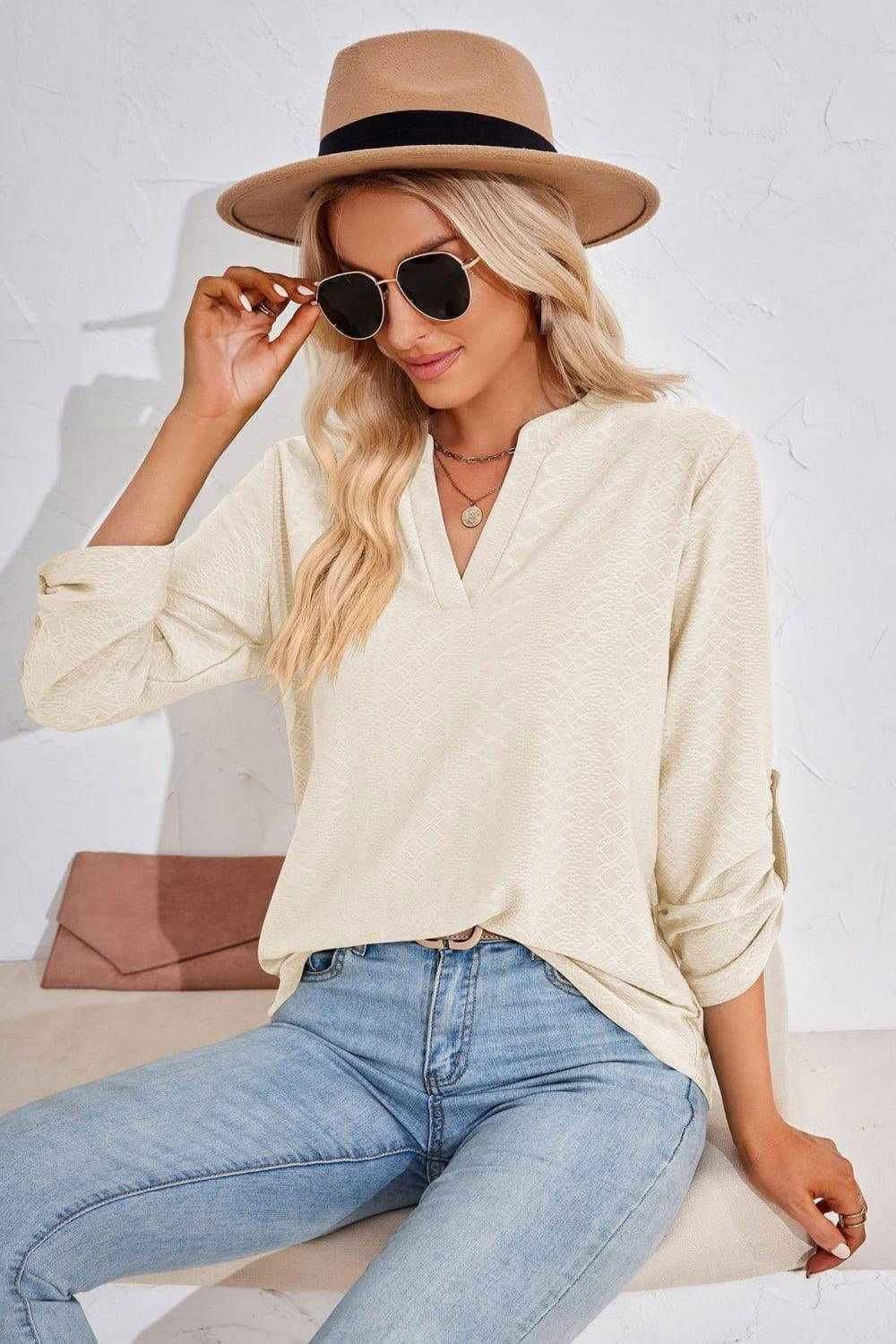 V-Neck Roll-Tap Sleeve Blouse for Casual Style 