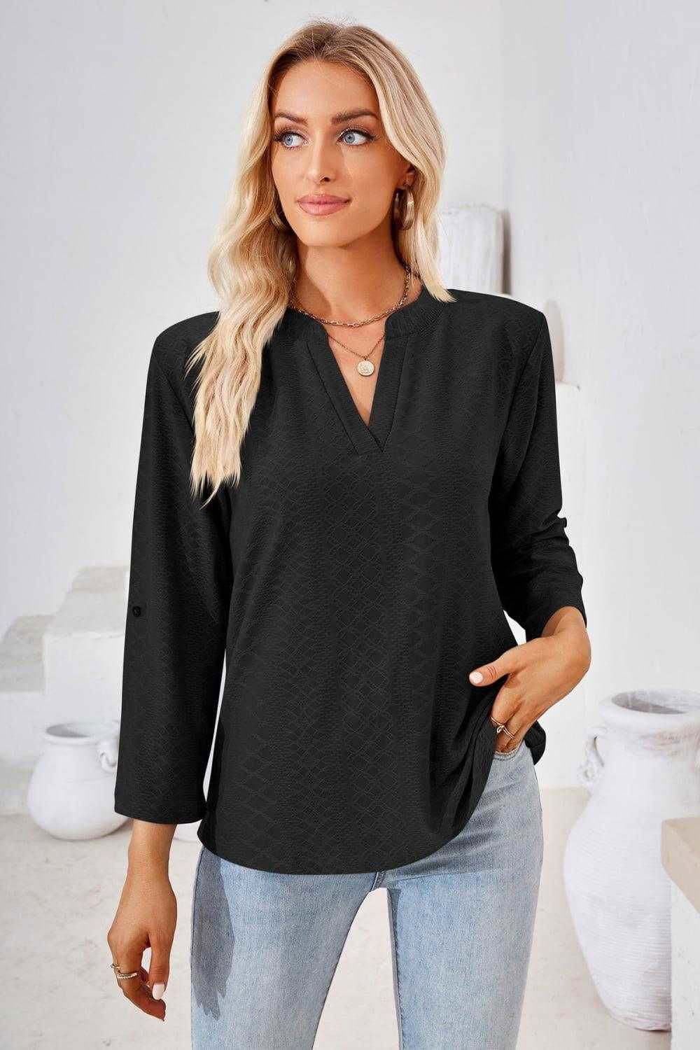 V-Neck Roll-Tap Sleeve Blouse for Casual Style 