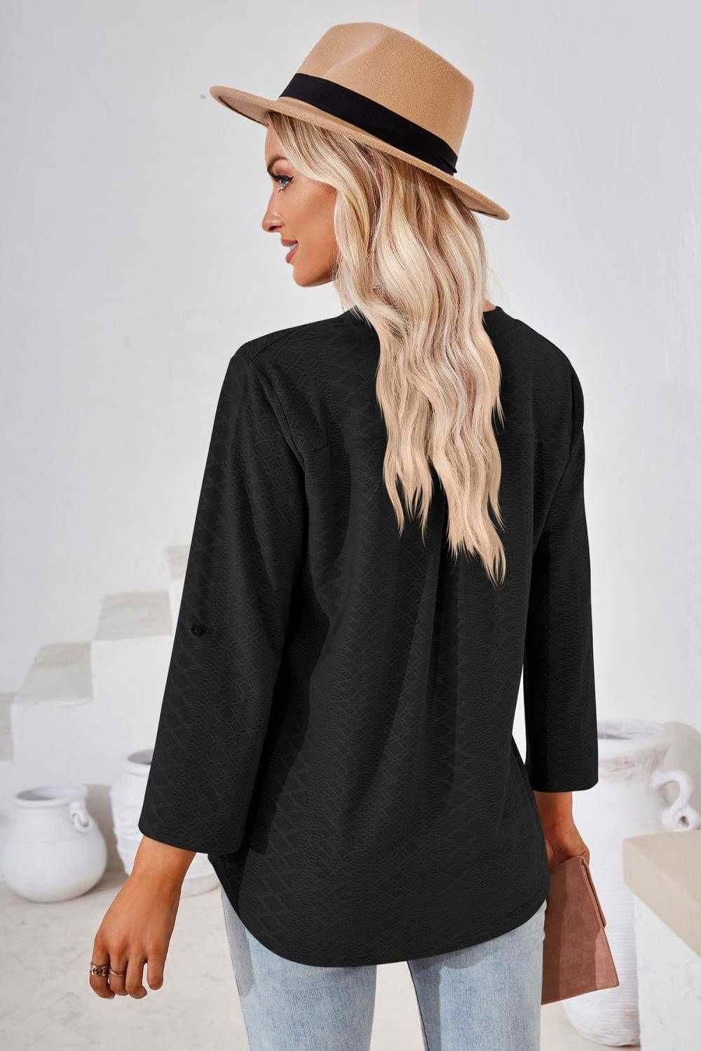 V-Neck Roll-Tap Sleeve Blouse for Casual Style 