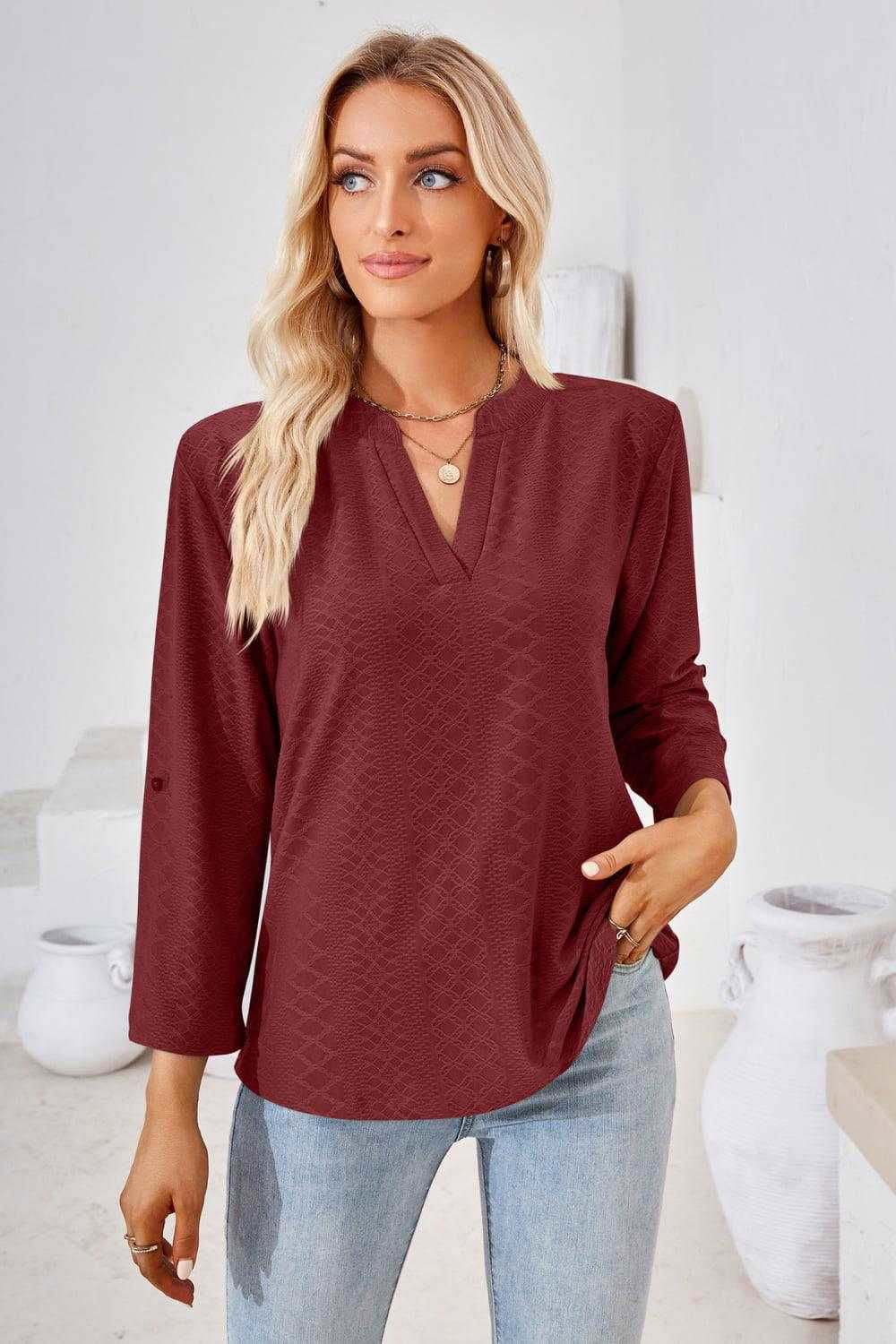 V-Neck Roll-Tap Sleeve Blouse for Casual Style 