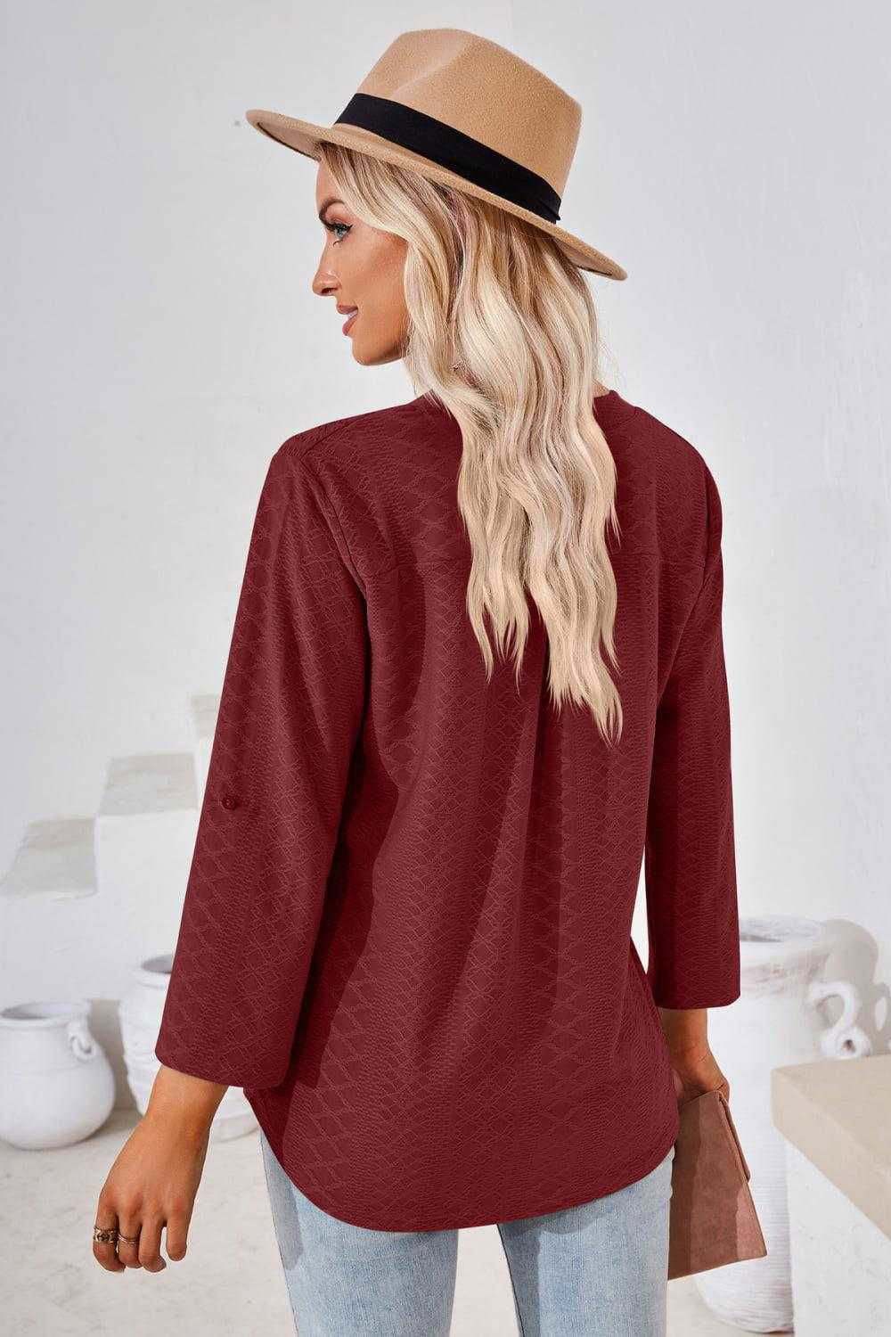 V-Neck Roll-Tap Sleeve Blouse for Casual Style 