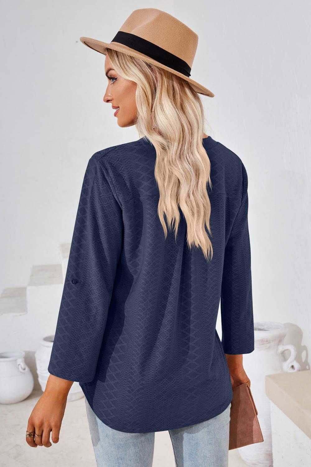 V-Neck Roll-Tap Sleeve Blouse for Casual Style 