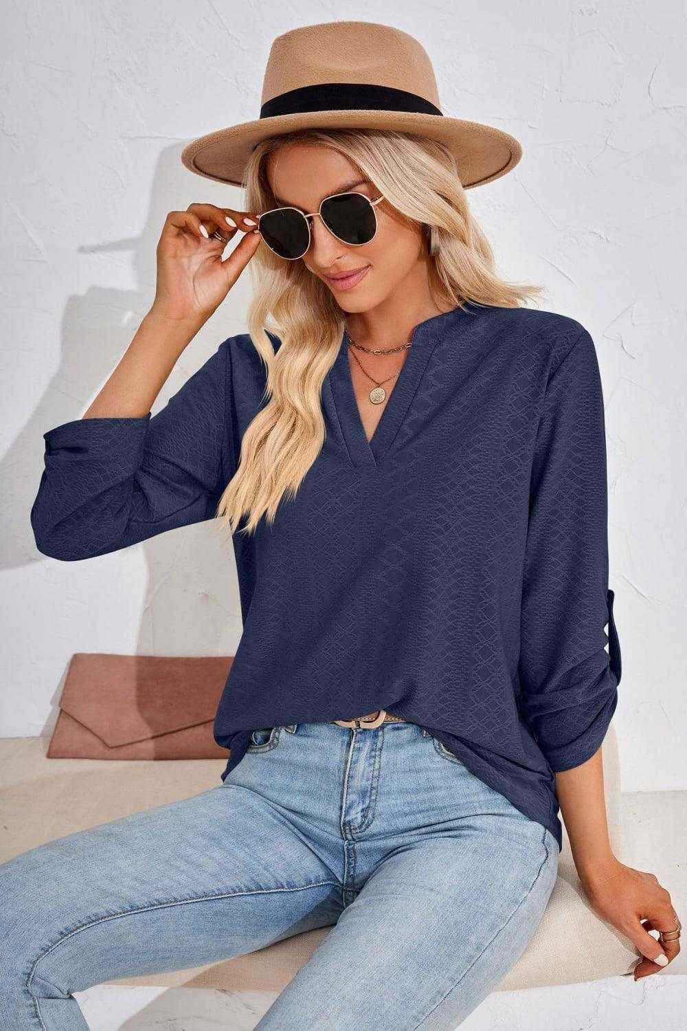 V-Neck Roll-Tap Sleeve Blouse for Casual Style 