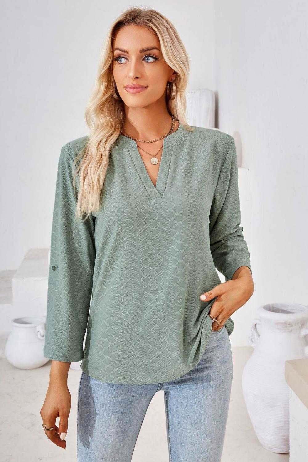 V-Neck Roll-Tap Sleeve Blouse for Casual Style 