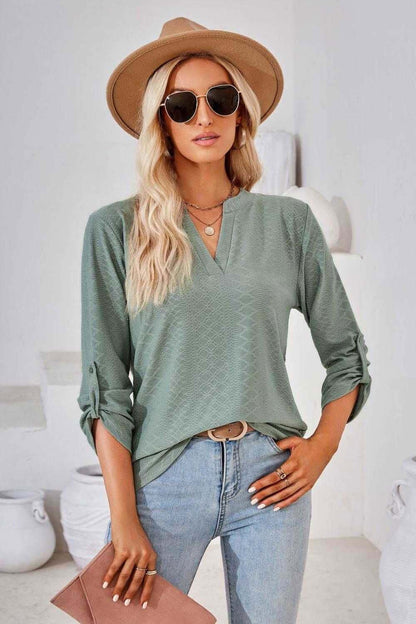 V-Neck Roll-Tap Sleeve Blouse for Casual Style 