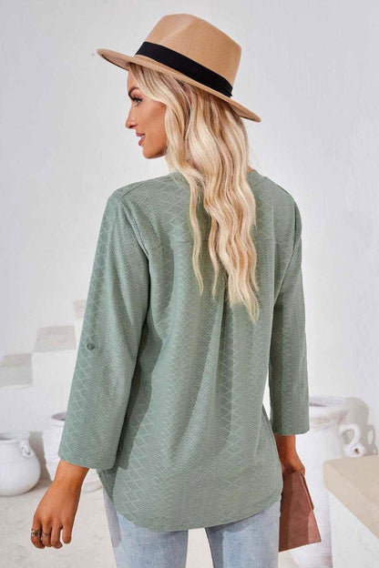 V-Neck Roll-Tap Sleeve Blouse for Casual Style 