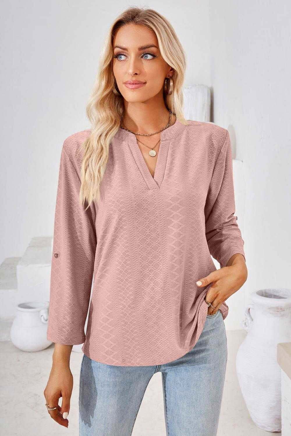 V-Neck Roll-Tap Sleeve Blouse for Casual Style 