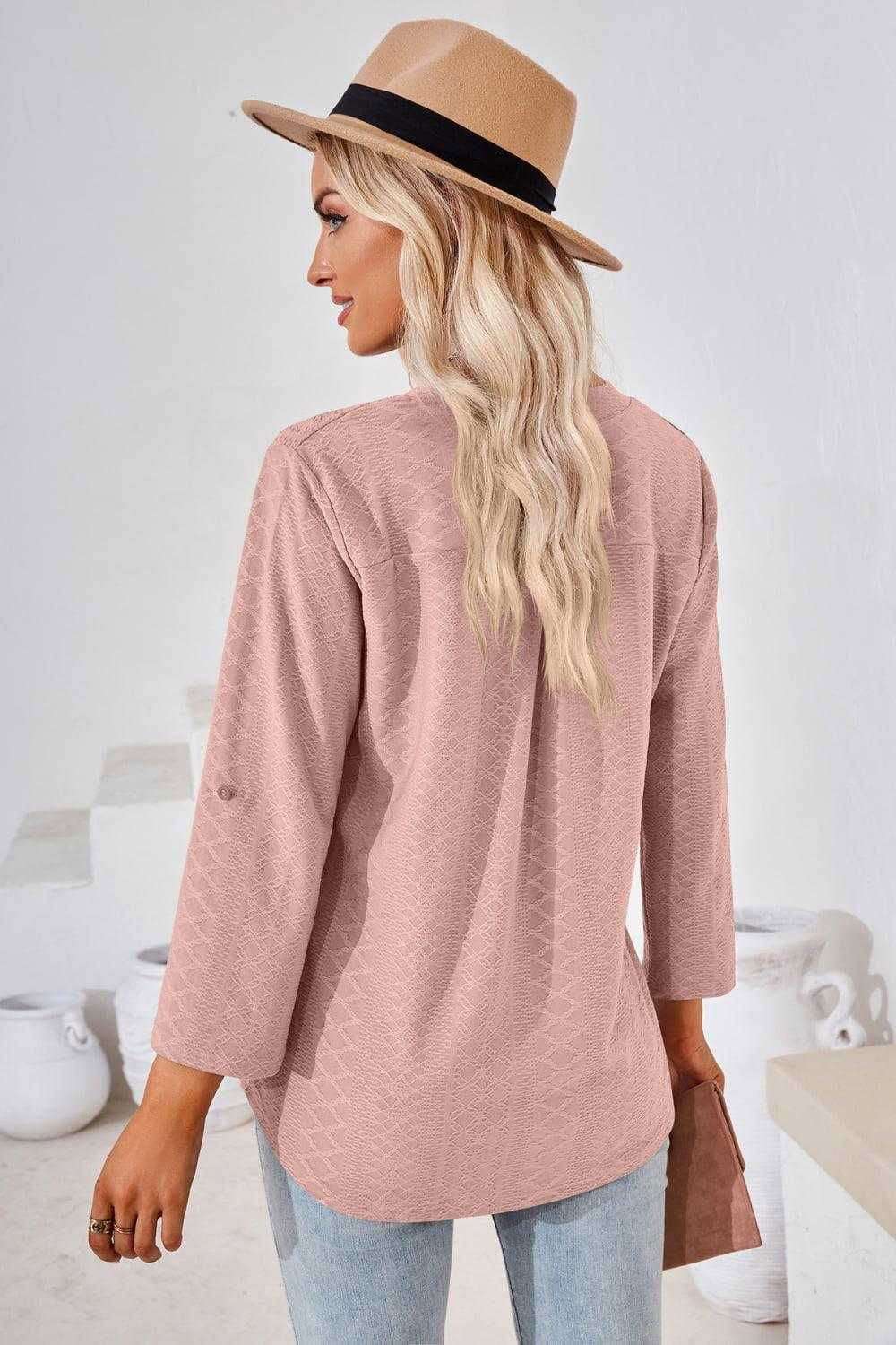 V-Neck Roll-Tap Sleeve Blouse for Casual Style 