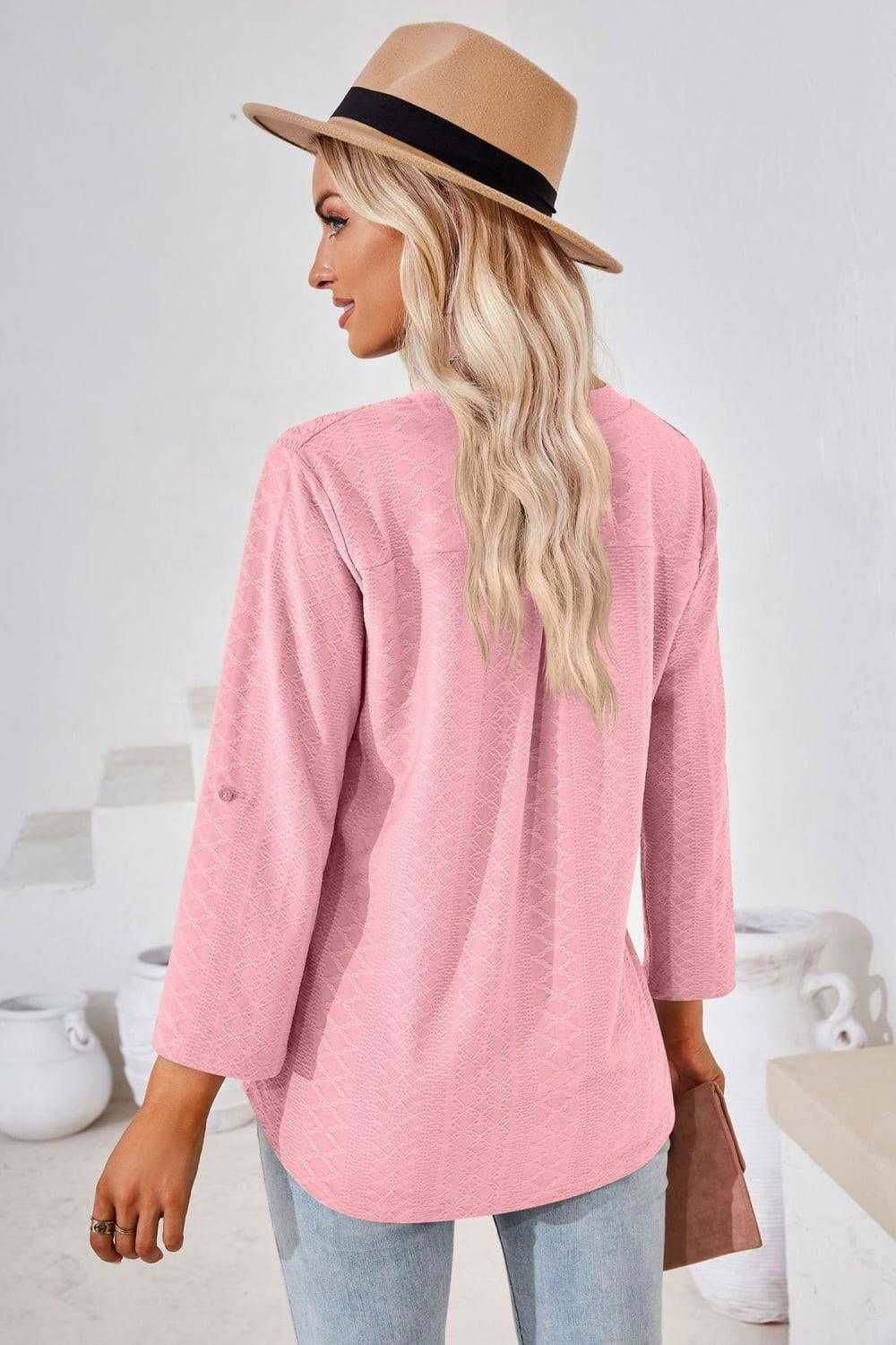 V-Neck Roll-Tap Sleeve Blouse for Casual Style 