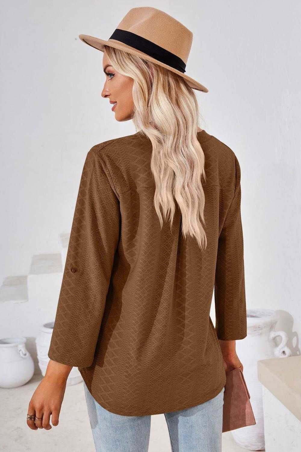 V-Neck Roll-Tap Sleeve Blouse for Casual Style 