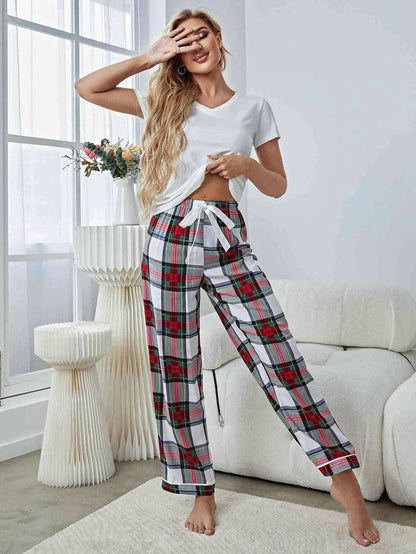 V-Neck Tee and Plaid Pants Lounge Set 