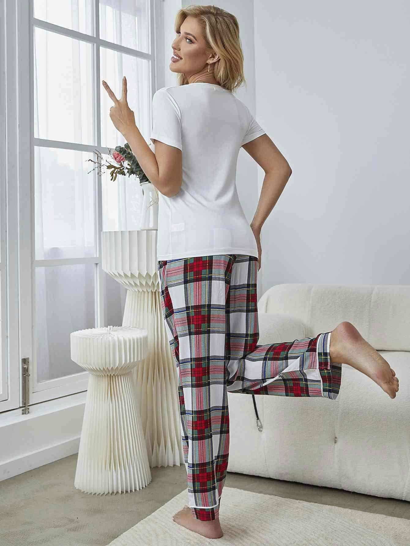 V-Neck Tee and Plaid Pants Lounge Set 