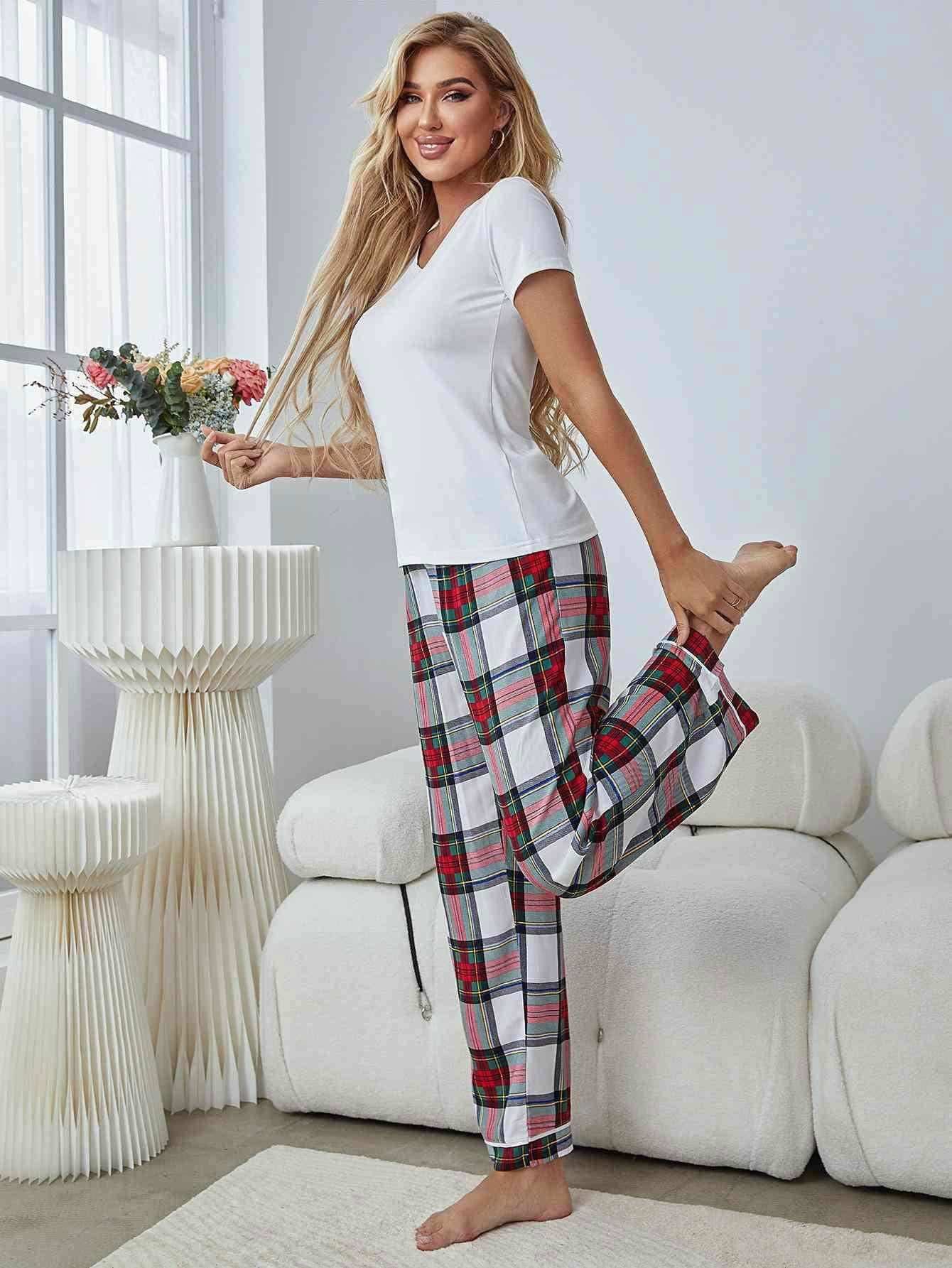 V-Neck Tee and Plaid Pants Lounge Set 