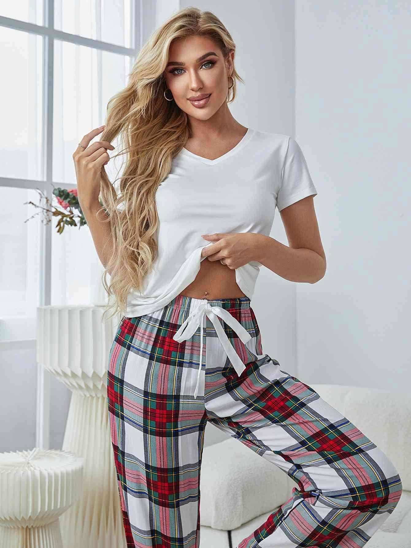 V-Neck Tee and Plaid Pants Lounge Set 