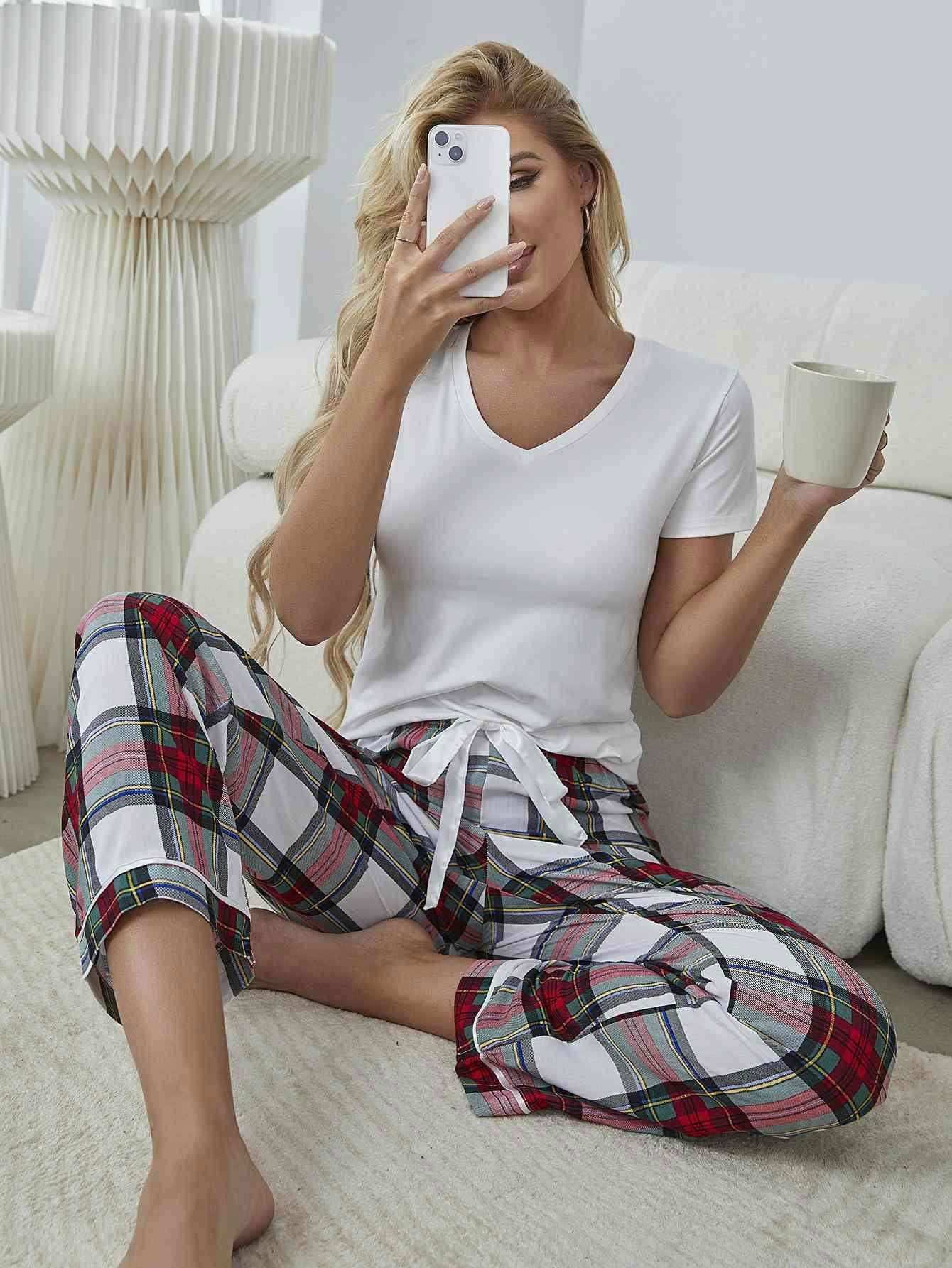 V-Neck Tee and Plaid Pants Lounge Set 