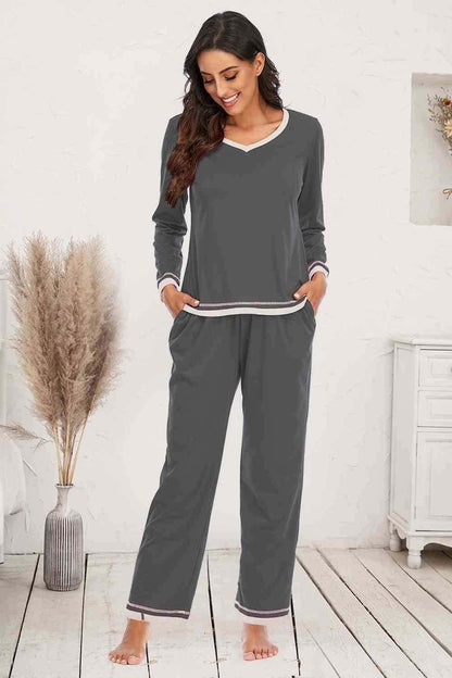 V-Neck Top and Pants Lounge Set 