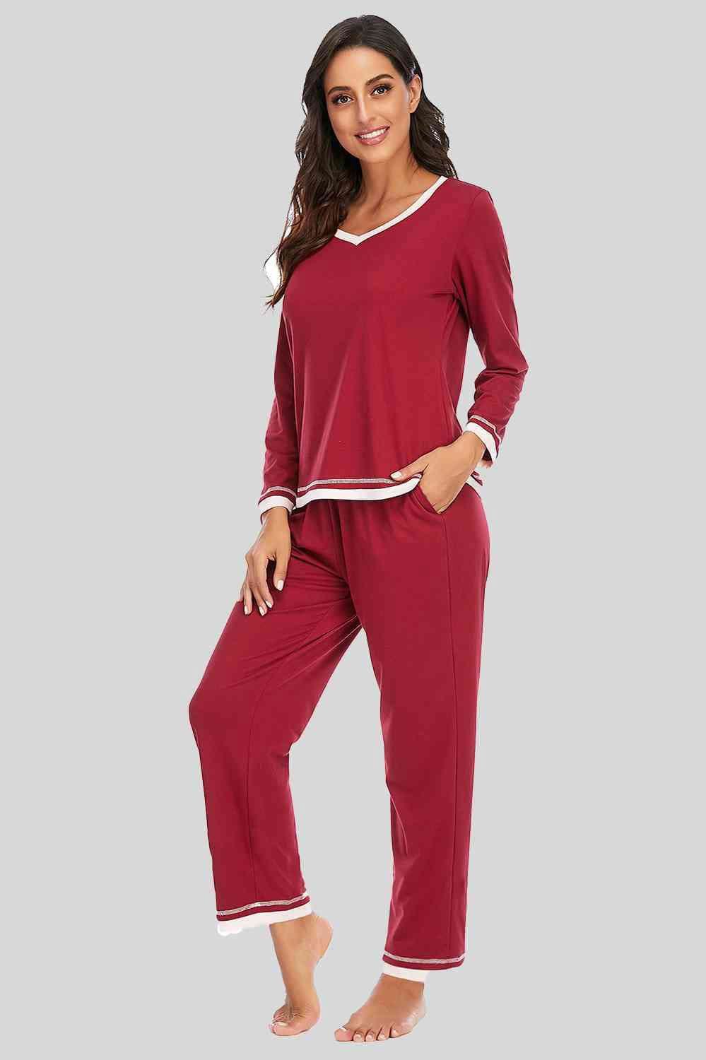 V-Neck Top and Pants Lounge Set 