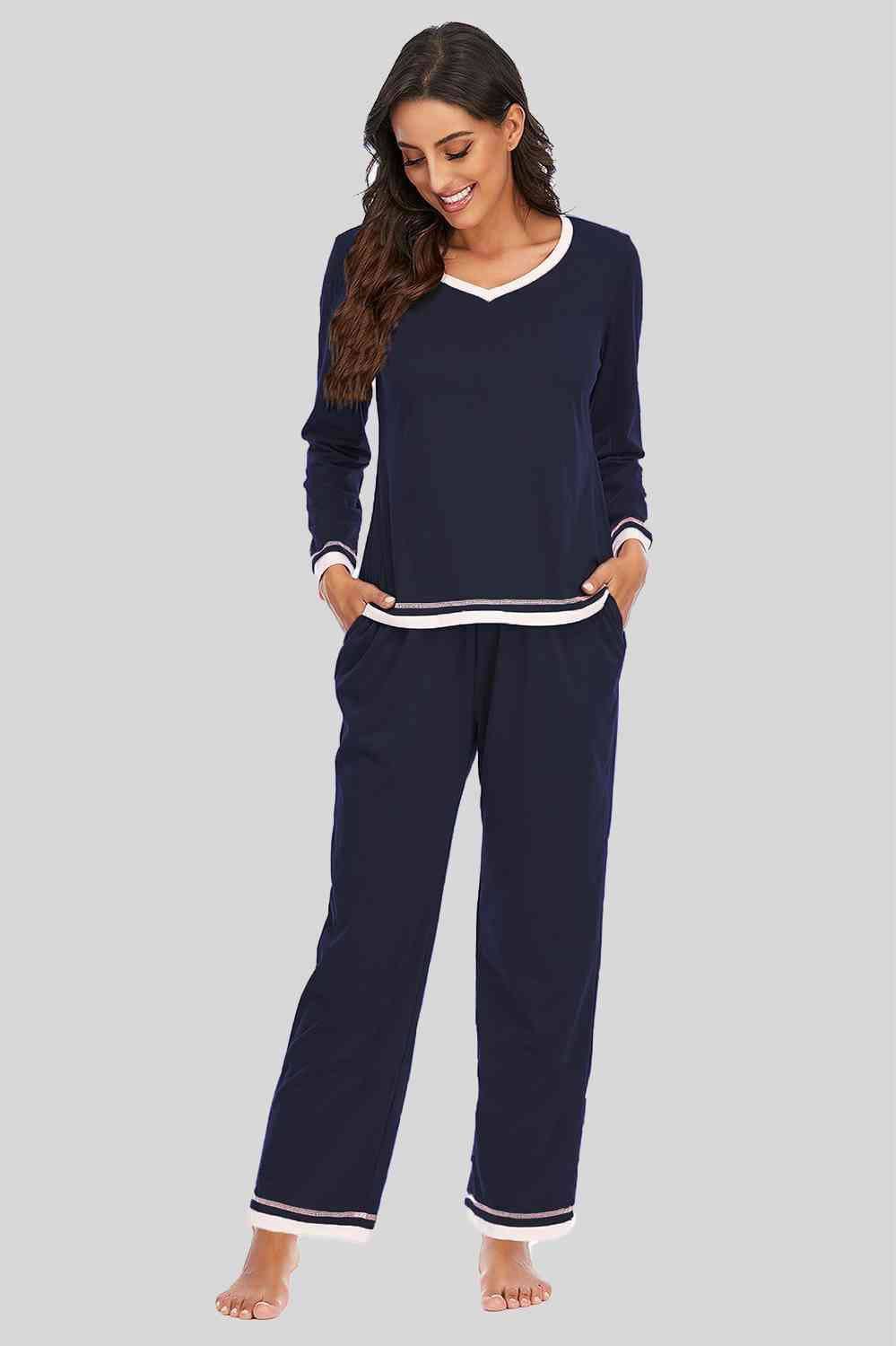 V-Neck Top and Pants Lounge Set 