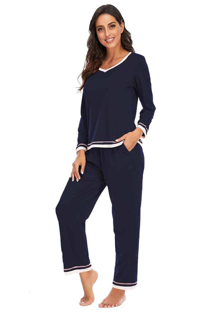 V-Neck Top and Pants Lounge Set 