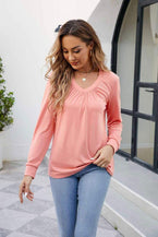 V Neck Ruched Long Sleeve Blouse - Casual & Stylish Wear 