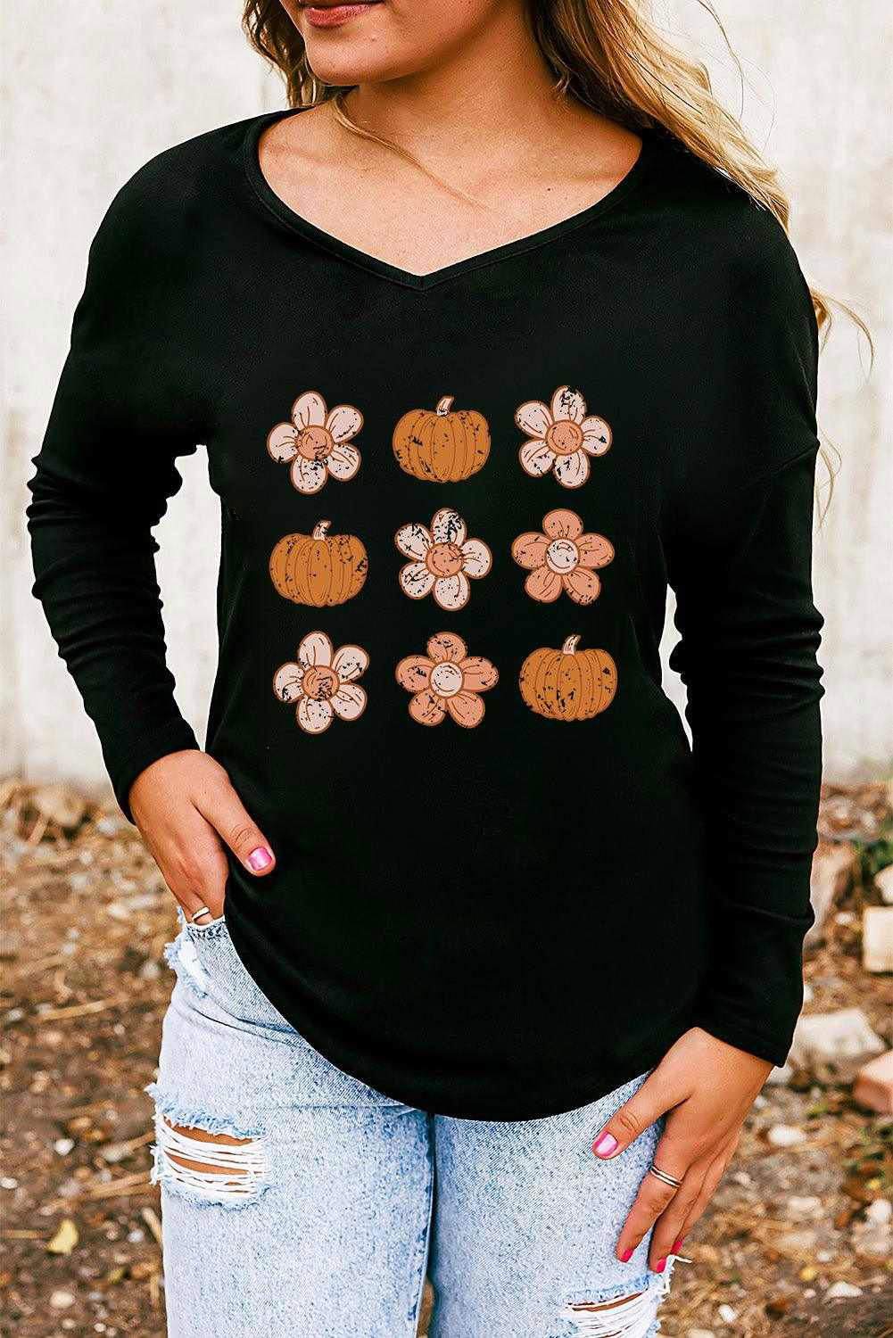 V Neck Short Sleeve Pumpkin & Flower Graphic T-Shirt Online 