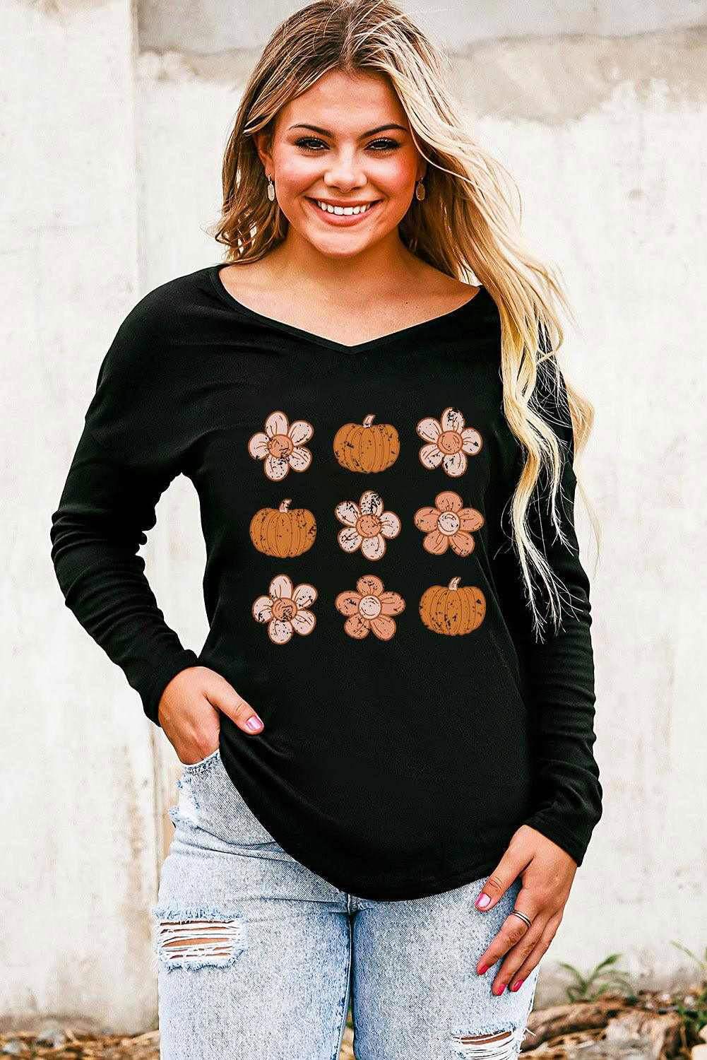 V Neck Short Sleeve Pumpkin & Flower Graphic T-Shirt Online 