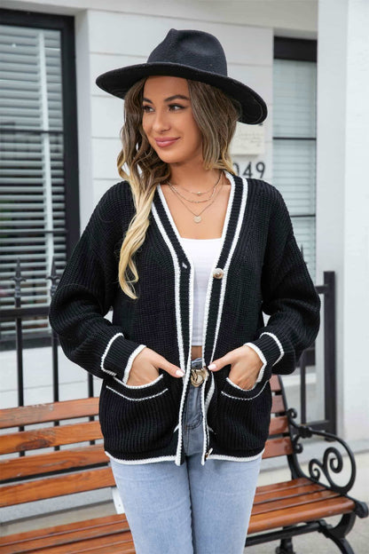 Waffle Knit V-Neck Cardigan with Pocket 