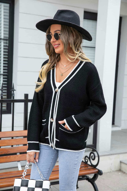 Waffle Knit V-Neck Cardigan with Pocket 