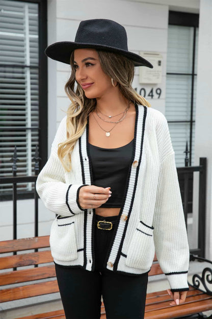 Waffle Knit V-Neck Cardigan with Pocket 