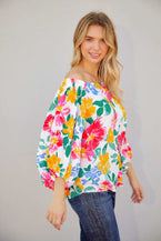 Watercolor Bohemian Flower Print Off Shoulder Blouse 