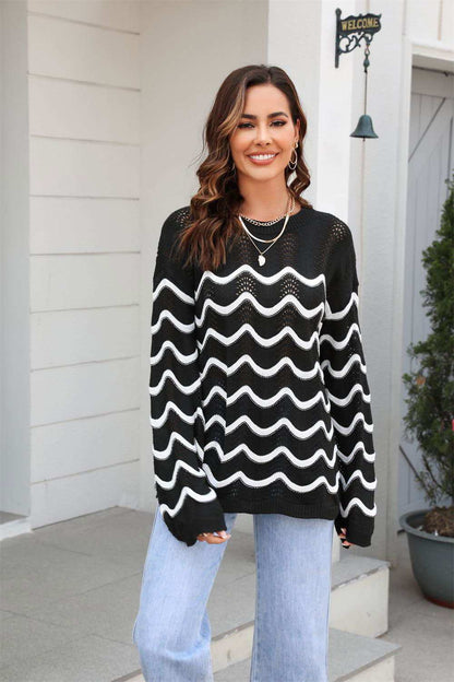 Wave Pattern Round Neck Long Sleeve Sweater 