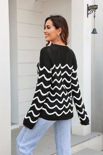 Wave Pattern Round Neck Long Sleeve Sweater 