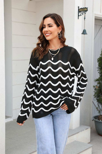 Wave Pattern Round Neck Long Sleeve Sweater 