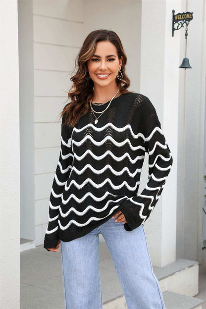 Wave Pattern Round Neck Long Sleeve Sweater 