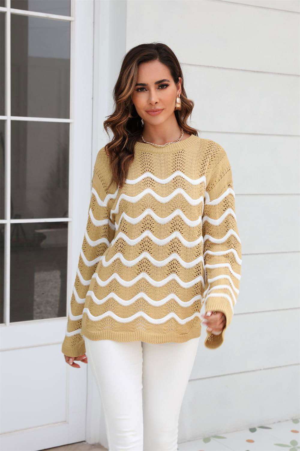 Wave Pattern Round Neck Long Sleeve Sweater 