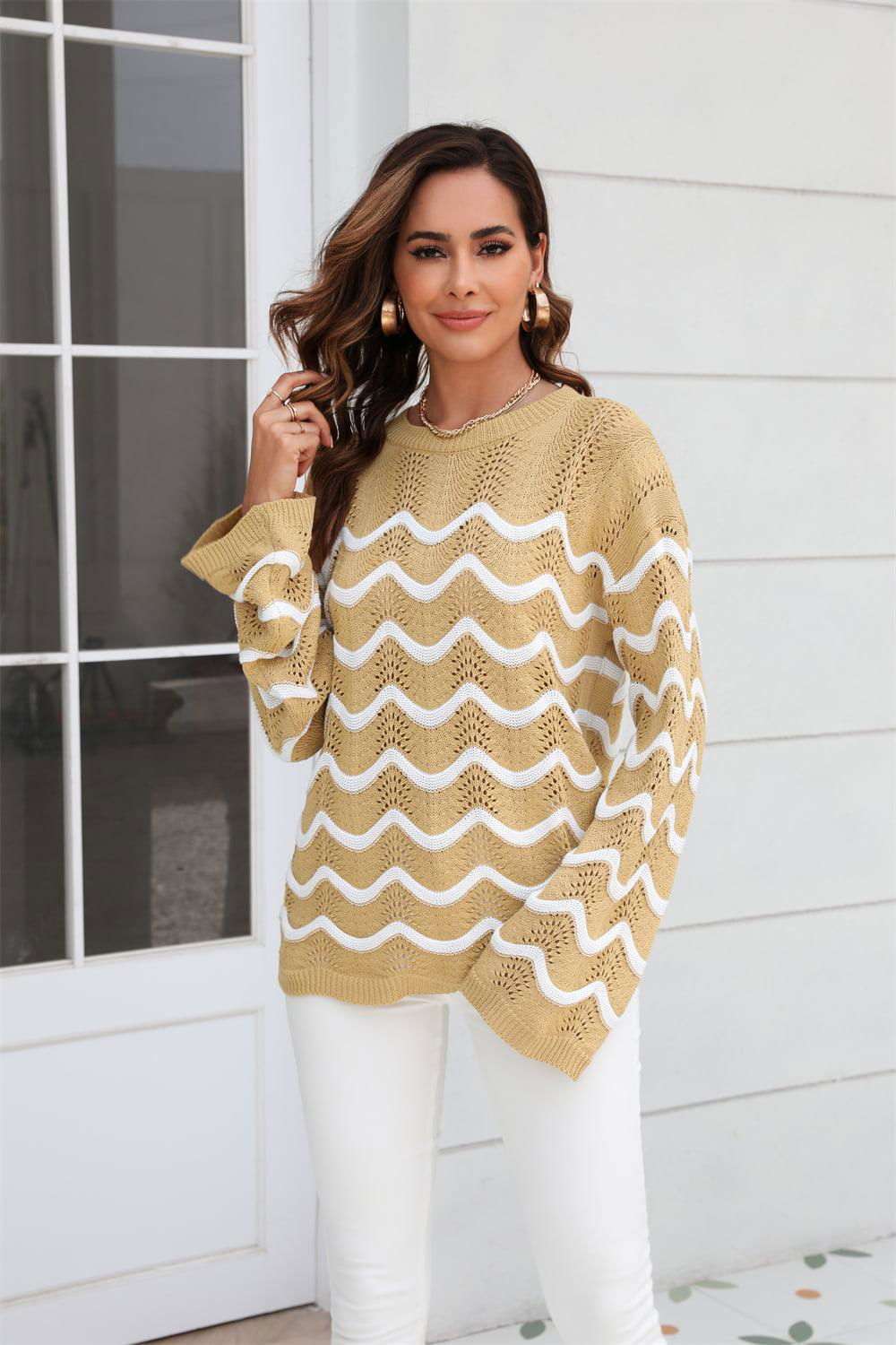 Wave Pattern Round Neck Long Sleeve Sweater 