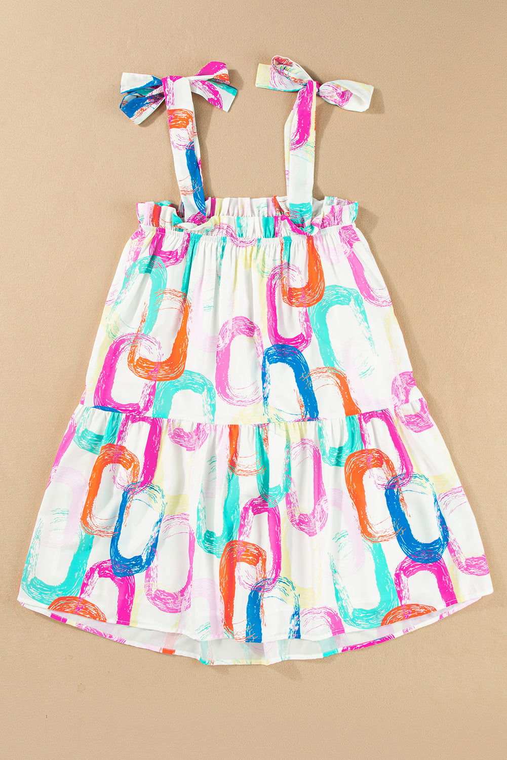 White Abstract Print Knot Straps Frill Mini Dress 