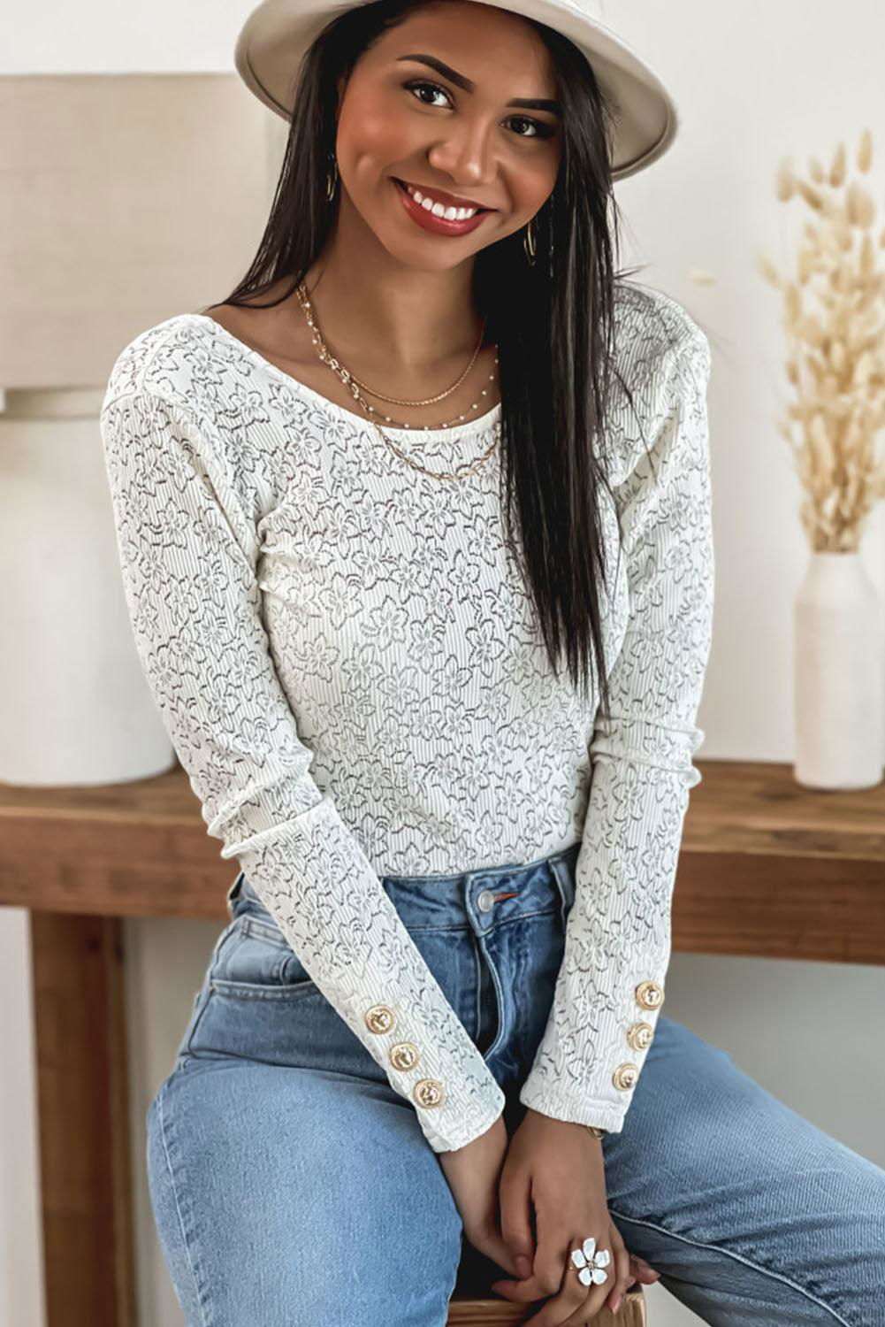 White Basic Cuffed Lace Backless Long Sleeve Bodysuit 