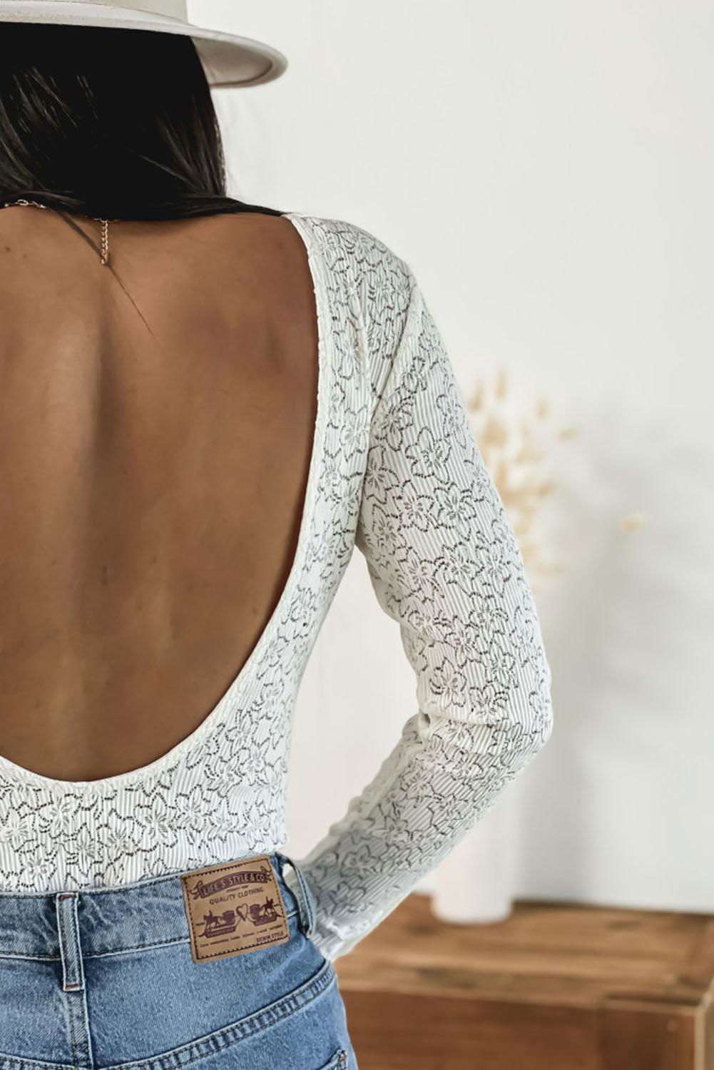 White Basic Cuffed Lace Backless Long Sleeve Bodysuit 