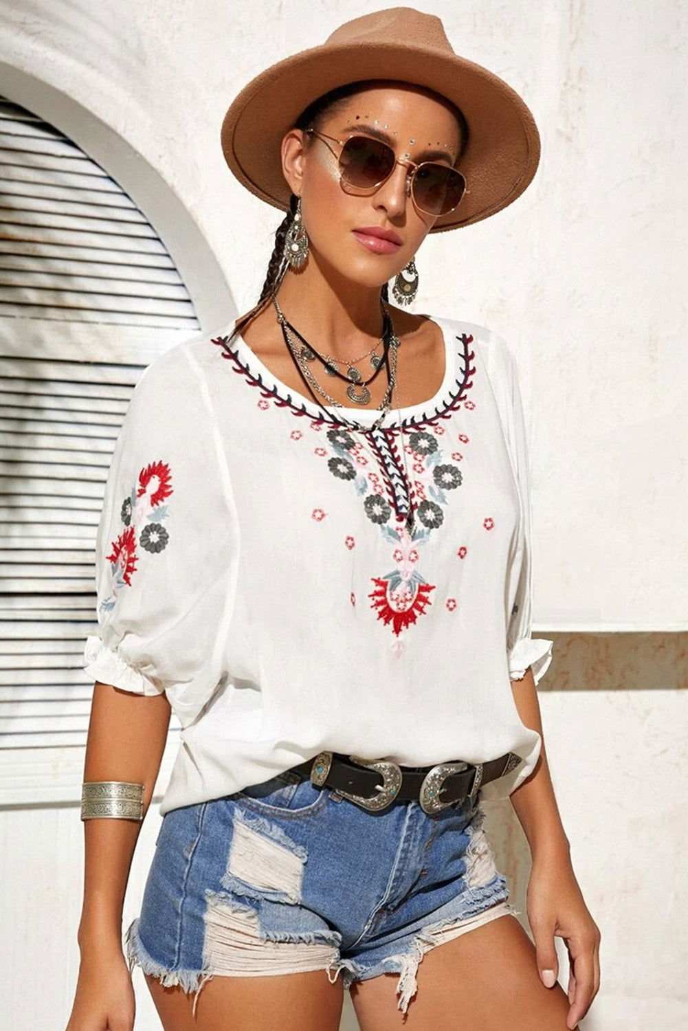 White Boho Embroidered Round Neck Half Sleeve Blouse 