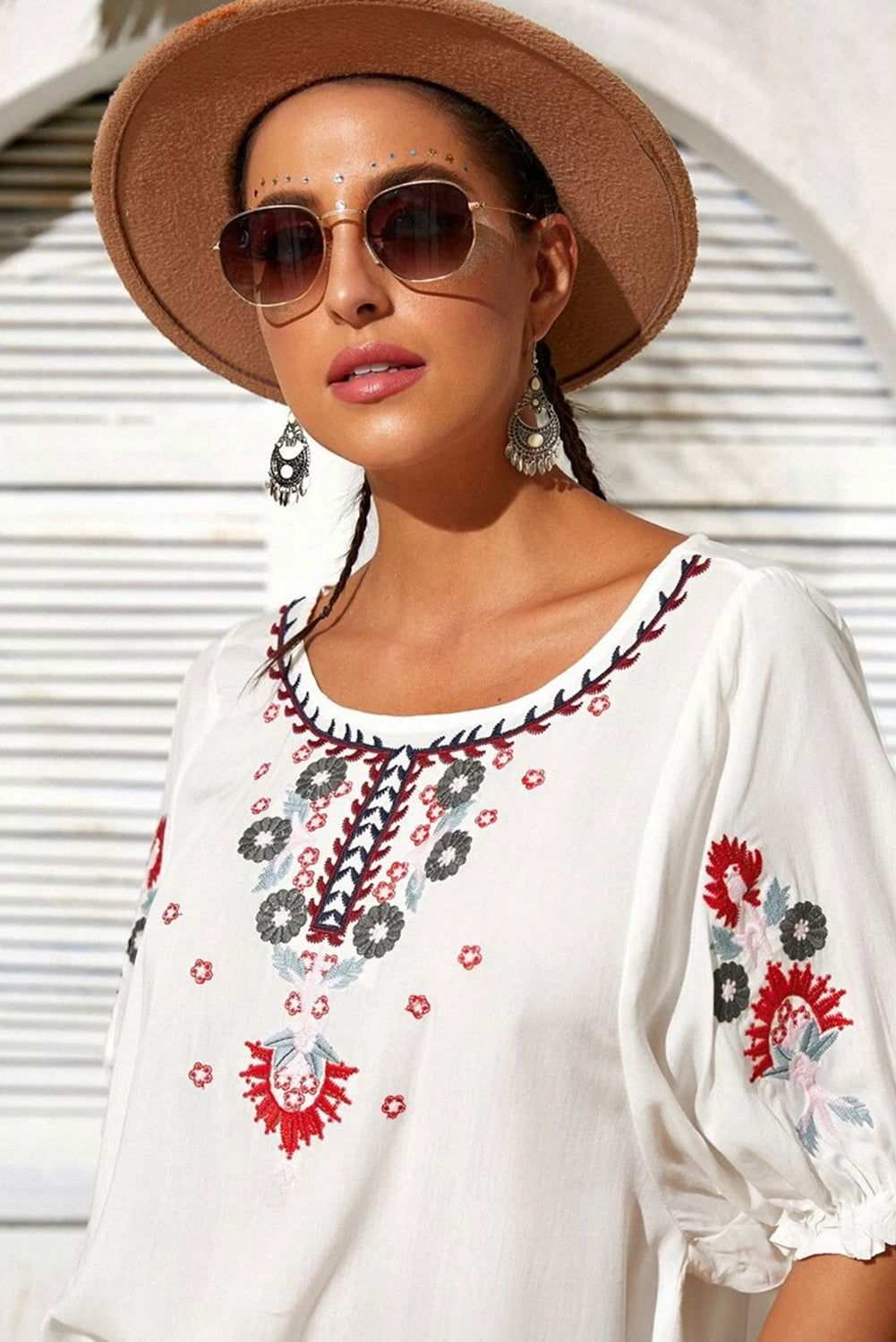 White Boho Embroidered Round Neck Half Sleeve Blouse 